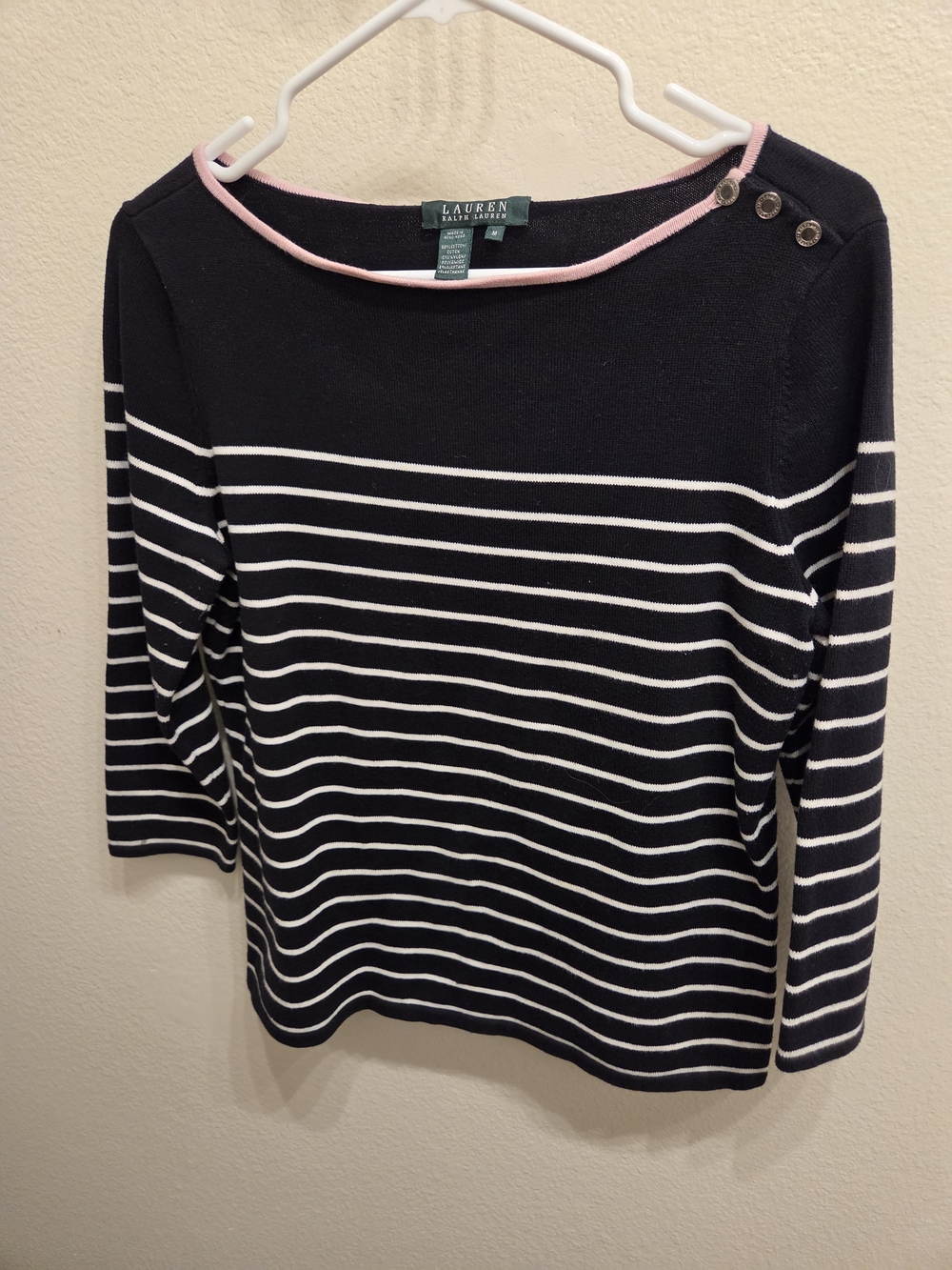 Lauren Ralph Lauren Navy & White Striped Boatneck Sweater with Pink Trim